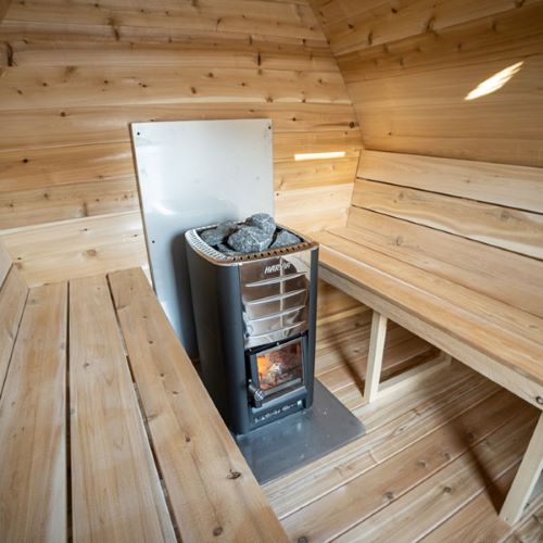 Wood Burning MiniPod Sauna Heater and Bench Interior View