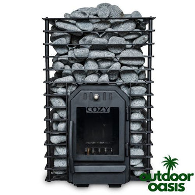 Cozy-Heat-Quattro-Wood-Burning-Stove-Front-Side-View-with-Rocks