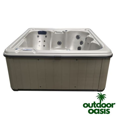 Cyanna Valley Supreme Hot Tub Front Side View with Taupe Exterior