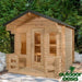 Dundalk-Leisurecraft-6-Person-Georgian-Sauna-with-Porch-Sauna-Front-Right-Side-View-in-Forest-Backgroun