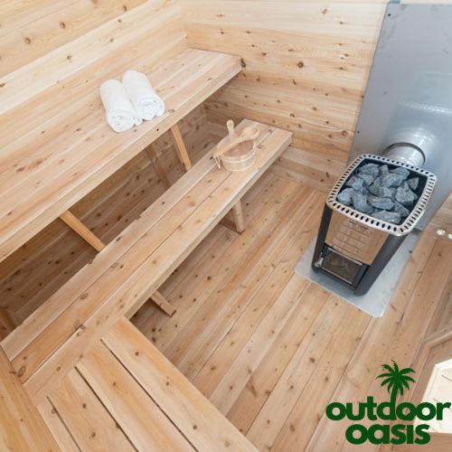 6-Person-Georgian-Sauna-with-Porch-Sauna-Closeup-View-of-Sauna-Heater-and-Benches