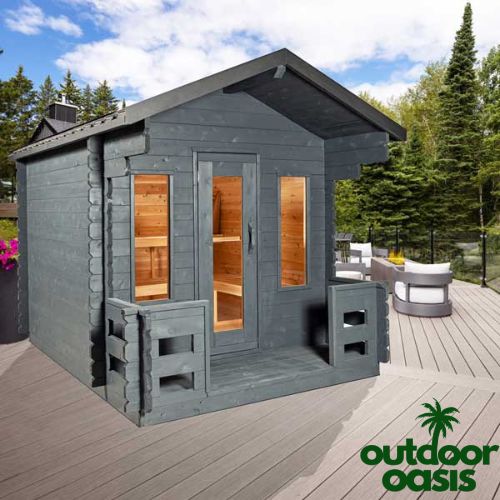 Dundalk-6-Person-Georgian-Cabin-Sauna-with-Porch-Front-Left-Side-View-with-Gray-Paint