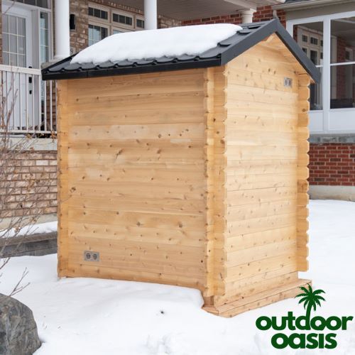 Leisurecraft-3-Person-Granby-Cabin-Sauna-Back-Right-Side-View-in-Snowy-Yard