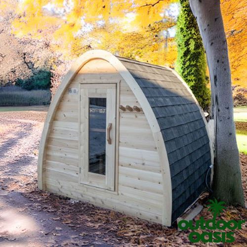 Dundalk-Leisurecraft-"MiniPOD"-Sauna-Front-Right-Side-View-in-Forest