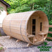 Leisurecraft-8-Person-Tranquility-Barrel-Sauna-Left-Side-View-in-Backyard-on-Rocks