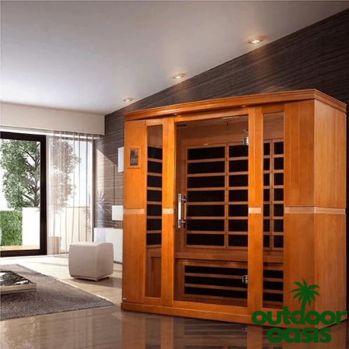 Dynamic-Bergamo-4-Person-Low-EMF-FAR-Indoor-Infrared-Sauna-Front-Side-View-in-Living-Room