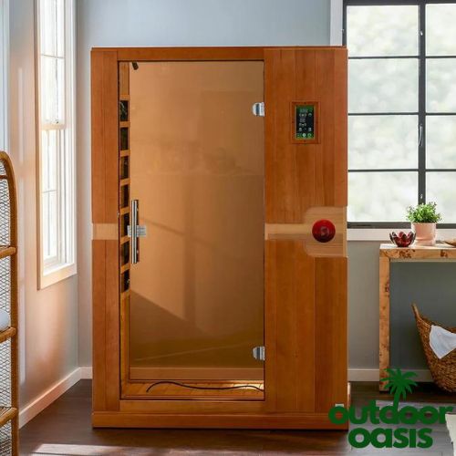 Dynamic-Venice-Low-EMF-FAR-Infrared-Sauna-Front-Side-View-in-Bathroom