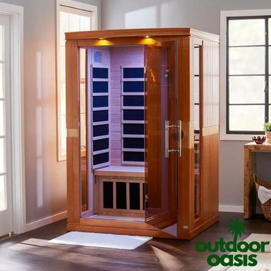 Dynamic-Venice-2-Person-Low-EMF-FAR-Indoor-Infrared-Sauna-Front-Right-Side-View-in-Bathroom-with-Lights-On