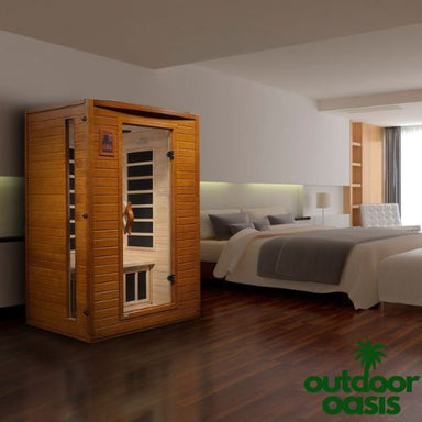 Dynamic-Versailles-2-Person-Low-EMF-FAR-Indoor-Infrared-Sauna-Front-Left-Side-View-in-Bedroom