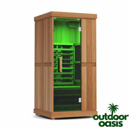 Finnmark-1-Person-Full-Spectrum-Sauna-Front-Left-Side-View-with-Green-Lights