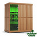 Finnmark-Designs-4-Person-Full-Spectrum-Sauna-Front-Left-Side-View-with-Green-Lights-On