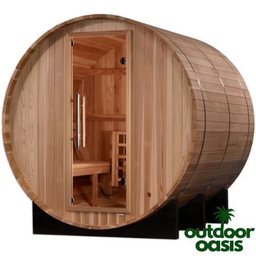 Golden-Designs-Arosa-Barrel-Sauna-Front-Right-Side-View-with-White-Background