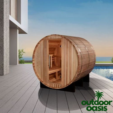 Golden-Designs-Arosa-4-Person-Steam-Barrel-Sauna-Front-Right-Side-View-by-Pool-in-Backyard