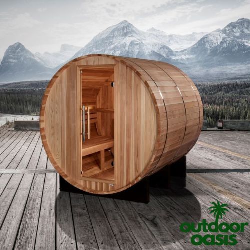 Golden-Designs-Arosa-4-Person-Sauna-Right-Side-View-on-Patio-with-Mountain-Background