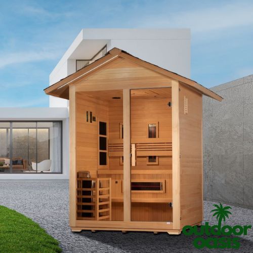 Golden-Designs-Carinthia-3-Person-Hybrid-Sauna-Front-Right-Side-View-in-Backyard-on-Rocks