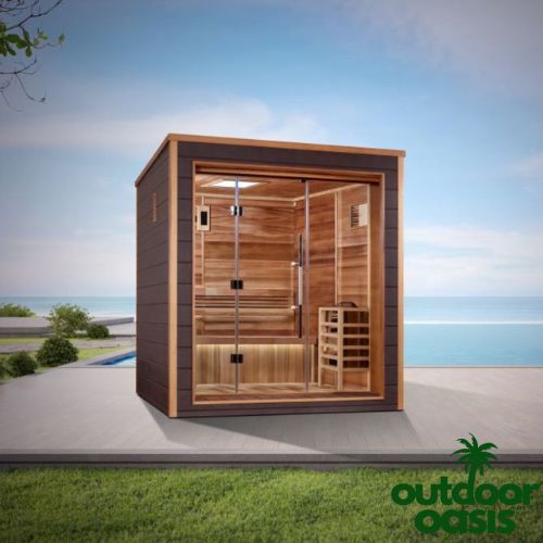 Golden-Designs-Drammen-3-Person-Steam-Sauna-Front-Left-Side-View-in-Backyard-by-Pool