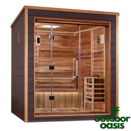 Golden-Designs-3-Person-Steam-Sauna-Front-Left-Side-View-with-White-Background