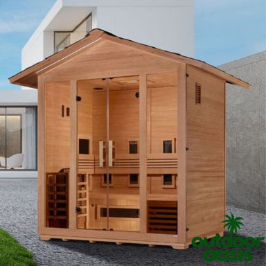 Golden-Designs-Gargellen-5-Person-Hybrid-Sauna-Front-Right-Side-View-in-Backyard-on-Rocks