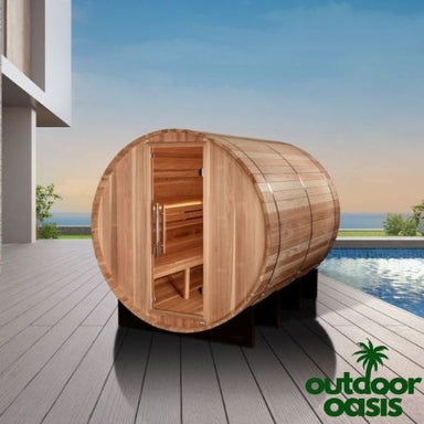 Golden-Designs-Klosters-6-Person-Steam-Barrel-Sauna-Front-Right-Side-View-in-Backyard-by-Pool