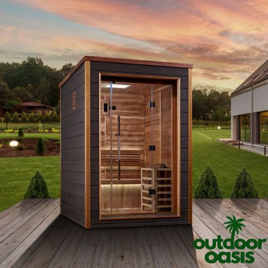 Golden-Designs-Narvik-2-Person-Steam-Sauna-Front-Side-View-in-Backyard-with-Sunset