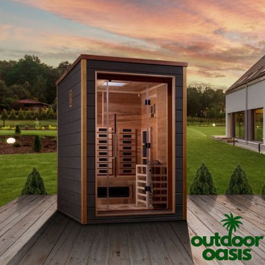 Golden-Designs-Nora-2-Person-Hybrid-Sauna-Front-Side-View-in-Backyard-with-Sunset