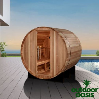 Golden-Designs-St.-Moritz-2-Person-Steam-Barrel-Sauna-Front-Right-Side-View-by-Pool-in-Backyard