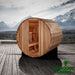 Golden-Designs-St.-Moritz-Barrel-Sauna-Front-Side-View-with-Mountain-Background