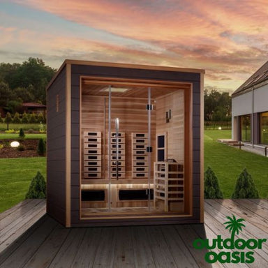 Golden-Designs-Visby-3-Person-Hybrid-Sauna-Front-Side-View-in-Backyard-with-Sunset-Background