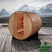 Golden-Designs-Zurich-4-Person-Steam-Barrel-Sauna-Front-Side-View-with-Mountain-Background