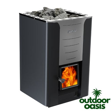 Harvia-PRO-Wood-Burning-Heater-Left-Side-View-with-Rocks-and-Flame