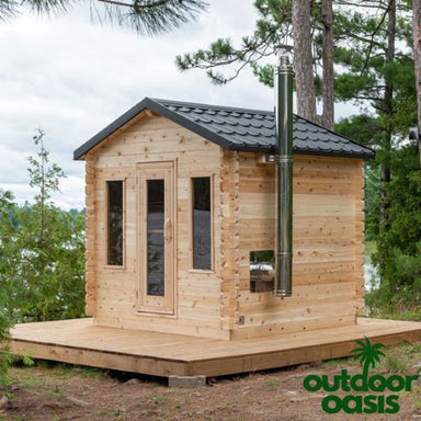 Dundalk-Leisurecraft-6-Person-Georgian-Sauna-Front-Right-Side-View-in-Forest-Scenery