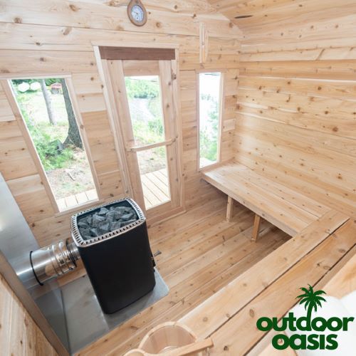 Dundalk-Leisurecraft-6-Person-Georgian-Cabin-Sauna-Interior-View-Looking-Out-Front-Door