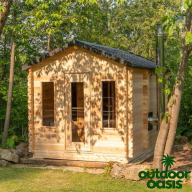 Dundalk-Leisurecraft-6-Person-Georgian-Sauna-with-Changeroom-Front-Side-View-in-Forest-Background