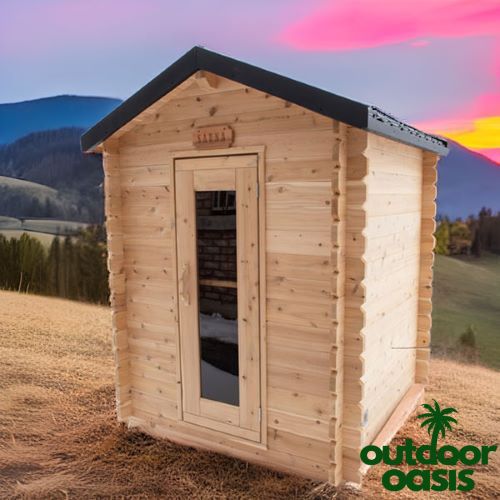 Leisurecraft-3-Person-Granby-Cabin-Sauna-Front-Right-Side-View-with-Sunset-Background