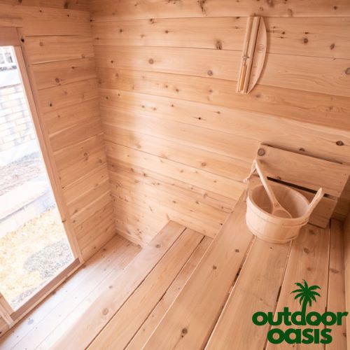 3-Person-Granby-Cabin-Sauna-Interior-View-of-Benches-and-Front-Door