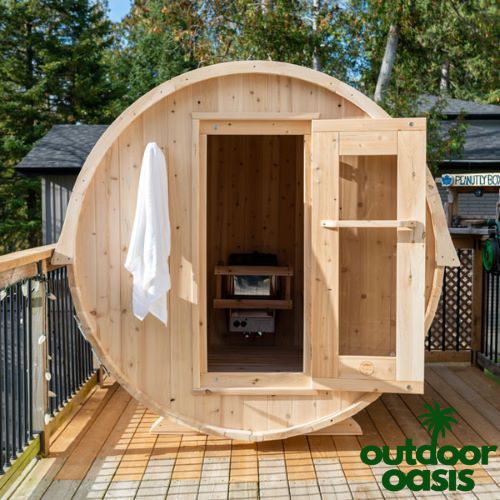 Leisurecraft-4-Person-Harmony-Barrel-Sauna-Front-Side-View-with-Open-Door