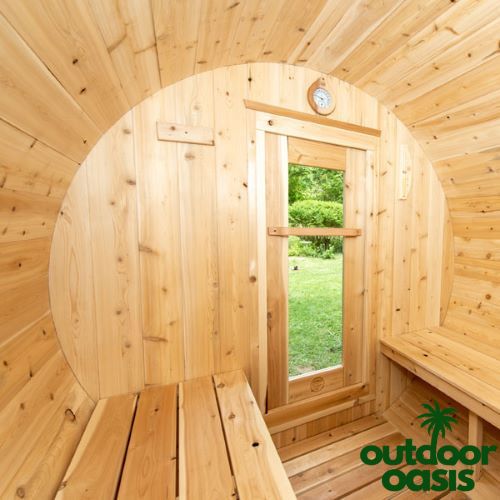 Dundalk-Leisurecraft-Harmony-Barrel-Sauna-Interior-View-Looking-Out-of-Front-Door