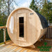 Dundalk-Leisurecraft-4-Person-Harmony-Barrel-Sauna-Front-Right-Side-View-on-Porch