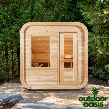 Dundalk-Leisurecraft-4-Person-Luna-Sauna-Front-Side-View-with-Forest-Background