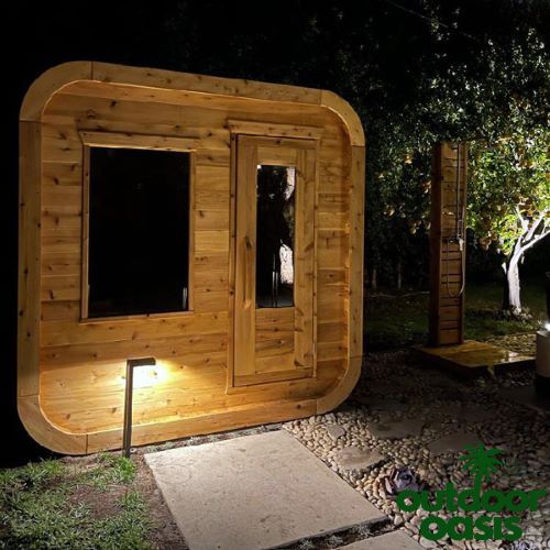 Dundalk-Leisurecraft-Luna-Sauna-in-Backayrd-at-Night-with-Lights