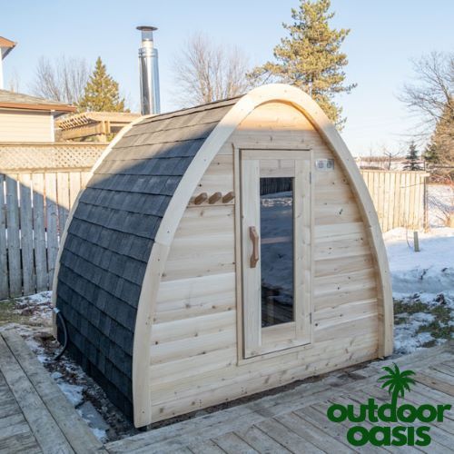 Dundalk-2-Person-"MiniPOD"-Sauna-Front-Left-Side-View-in-Snowy-Backyard