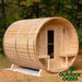 Dundalk-Leisurecraft-4-Person-Serenity-Barrel-Sauna-Left-Side-View-with-Forest-Background