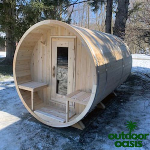 Serenity-Barrel-Sauna-Front-Right-Side-View-in-Snowy-Backyard