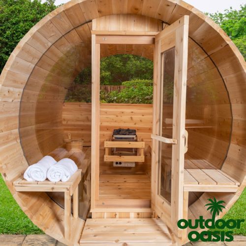 Dundalk-4-Person-Serenity-MP-Barrel-Sauna-Front-Door-Open-View