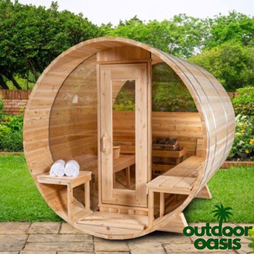 Dundalk-Leisurecraft-4-Person-Serenity-MP-Barrel-Sauna-Front-Right-Side-View-in-Backyard-with-Grass-Scenery