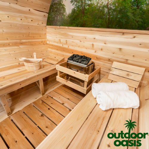 4-Person-Serenity-MP-Barrel-Sauna-Interior-View-of-Benches-and-Steam-Heater