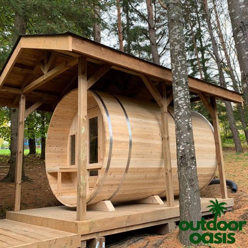 Dundalk-Leisurecraft-8-Person-Tranquility-Barrel-Sauna-Under-Covered-Port-in-Forest