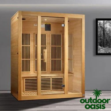 Maxxus-Bellevue-3-Person-Low-EMF-FAR-Infrared-Sauna-Front-Left-Side-View-in-Living-Room