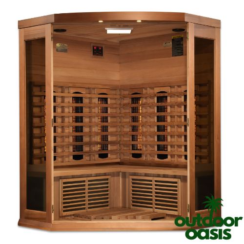 Maxxus 3 Person Corner Full-Spectrum Indoor Sauna Front Side Open View