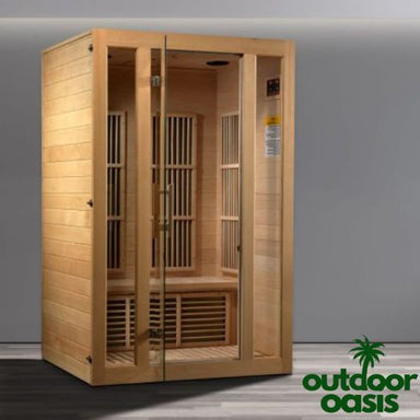 Maxxus-Seattle-2-Person-Low-EMF-FAR-Infrared-Sauna-Front-Left-Side-View-in-Living-Room